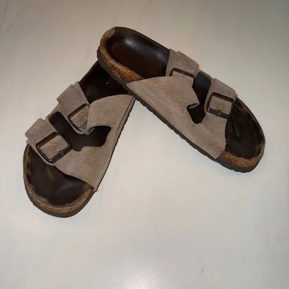 Birkenstock Arizona‎ Sandals Men Size 43 Taupe Good Suede Two Strap Buckle Slide
